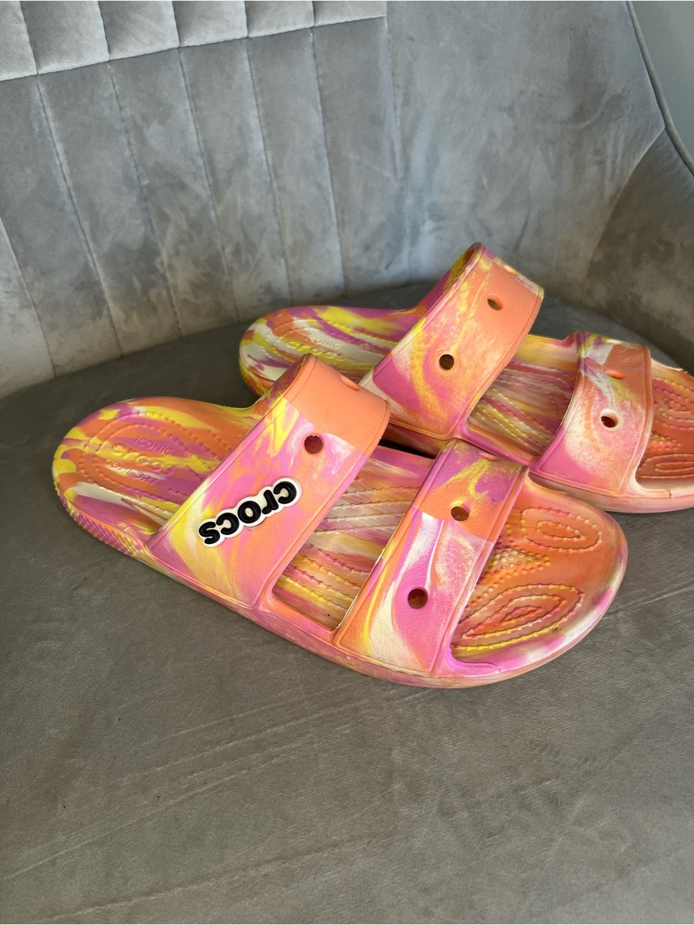 CROCS Kids' Pink, Orange & Yellow Tie-Dye Slide Sandals